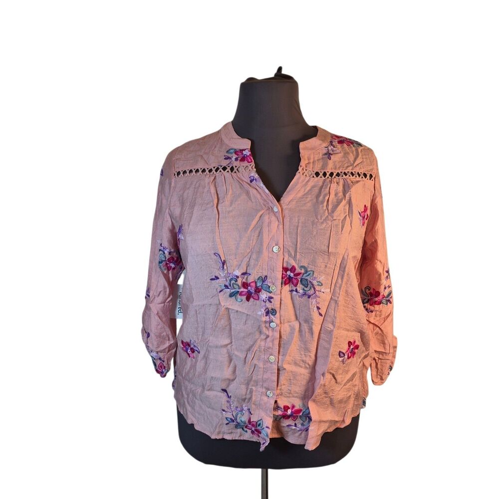 Kindred Anthropologie Women's 2X Button-Up Blouse Pink Floral Embroidered Boho